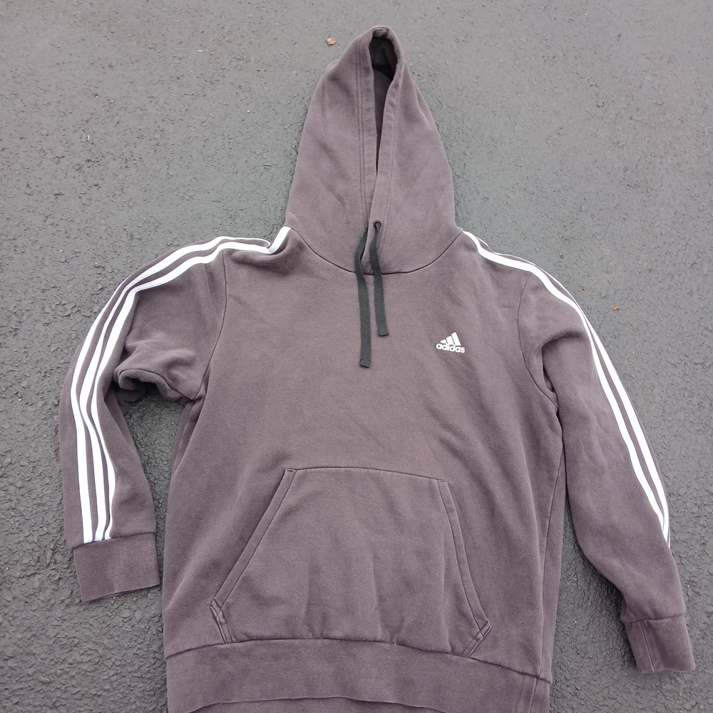 Adidas Hoodie Mens Large Gray 3 Stripe Pullover Fleece Sweatshirt Logo